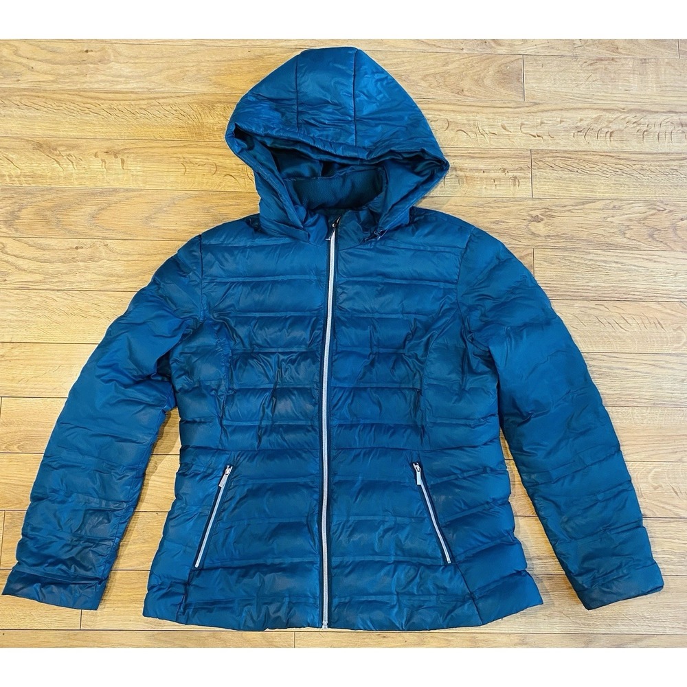 Time And True Puffer Jacket Women's Size L (12-14) Dark Teal w/ Removable Hood